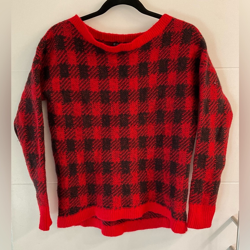 Express Houndstooth Sweater Red & Black Plaid